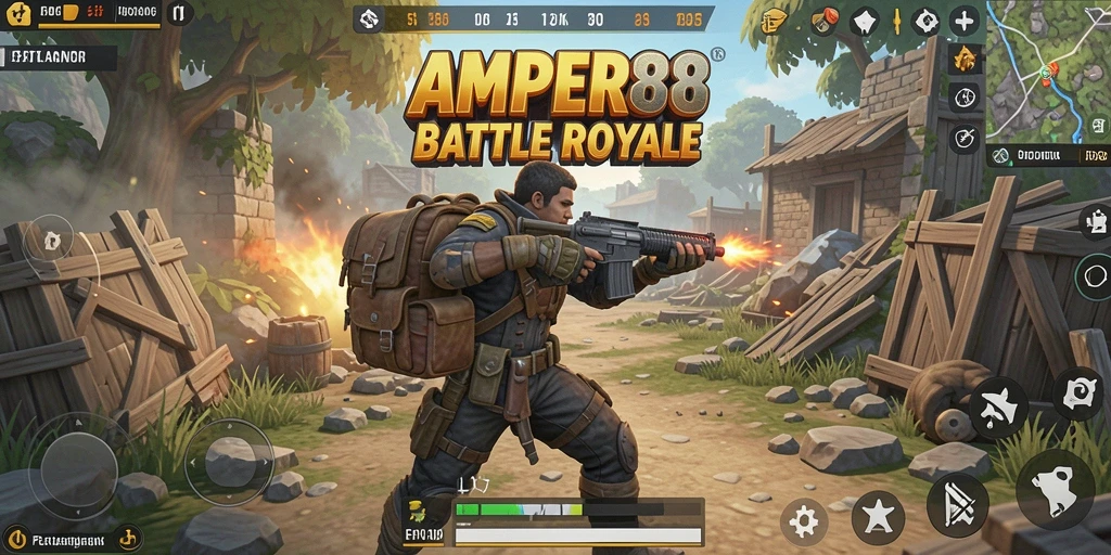 Tampilan mendebarkan dari gameplay AMPER88 dalam pertempuran Battle Royale.