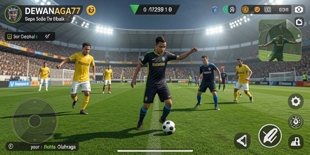 Tampilan gameplay DEWANAGA77 dengan aksi sepak bola yang seru.