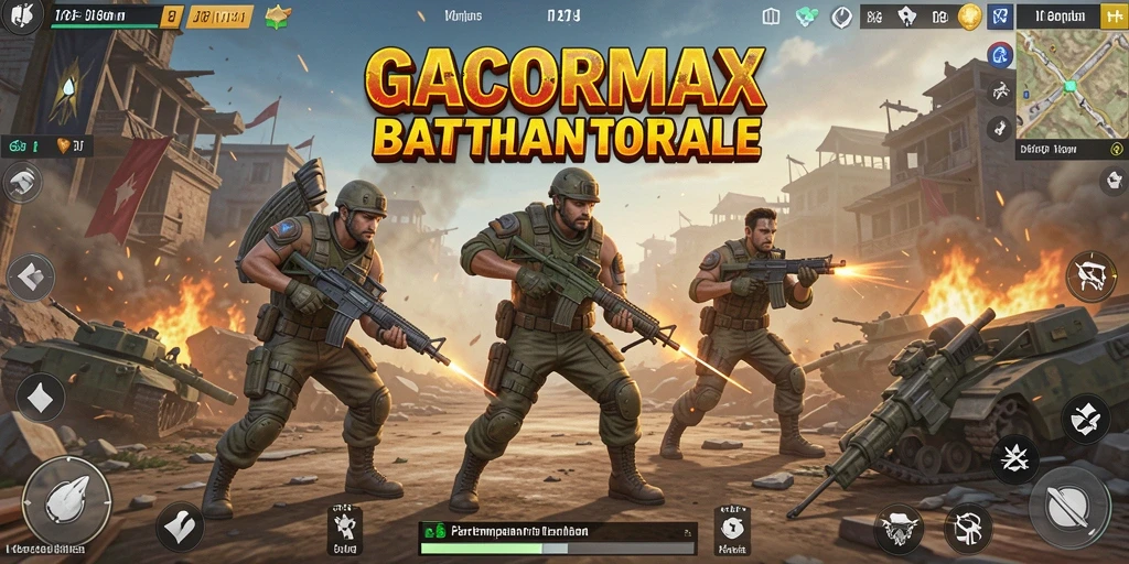 Menggambarkan aksi seru di GACORMAX dalam pertempuran Battle Royale.