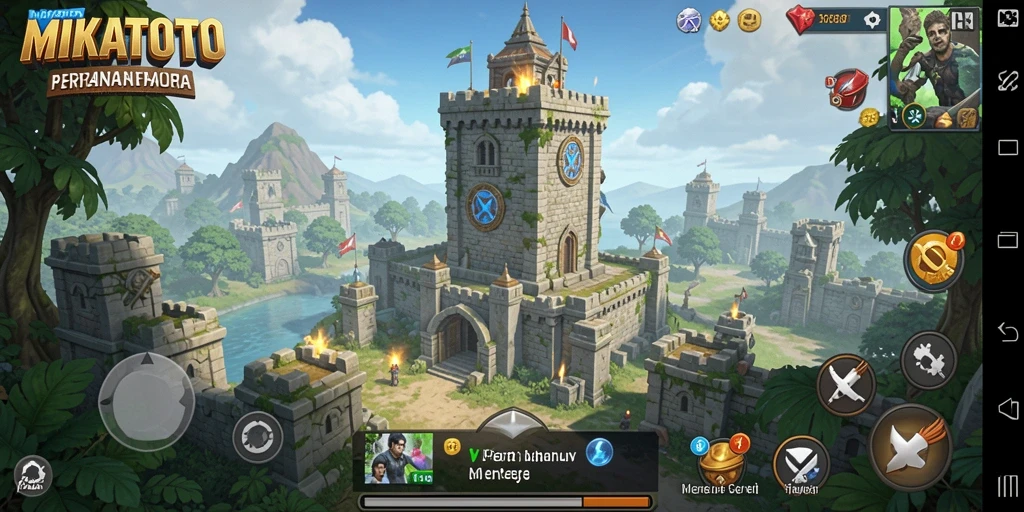 Screenshot gameplay MIKATOTO menampilkan menara dan pertarungan melawan gelombang musuh.