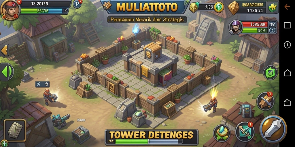 Tampilan gameplay MULIATOTO dengan menara dan musuh menyerang.