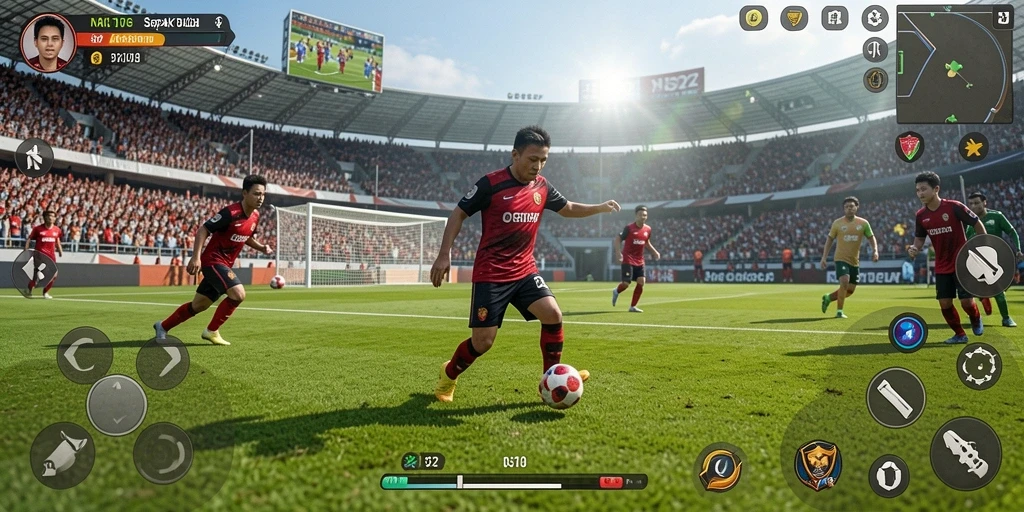 Screenshot N32 menampilkan gameplay seru di lapangan sepak bola.